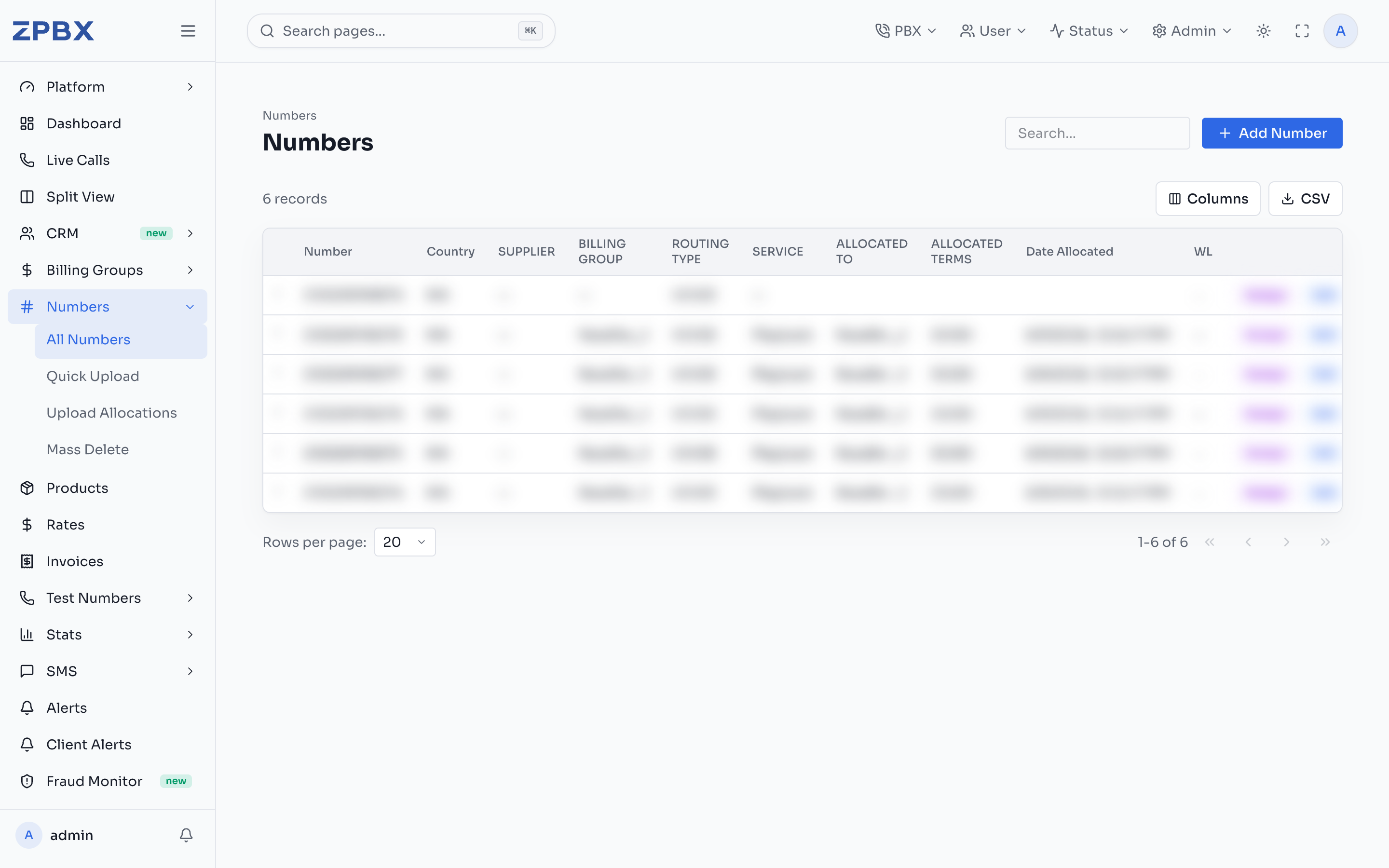 Numbers page in ZPBX